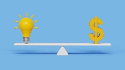 Startup concept. Venture capital, financial support for startup and entrepreneur company. Project pitching for funding or VC investment. Selling idea for money. 3D idea bulb and dollar sign on seesaw