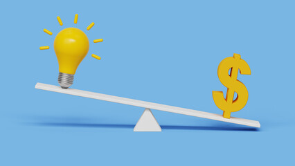 Money for ideas or sell idea or investing concept. Idea pitching, fund raising and venture capital. 3D light bulb and dollar sign on seesaw. 3d illustration