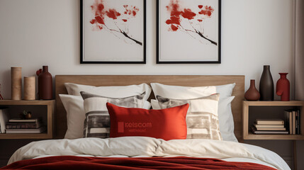 Comfortable bedroom with red cushions