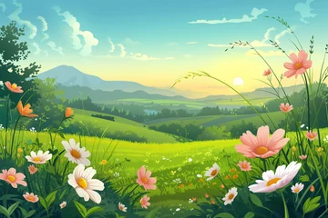 Poster Cartoon meadow spring country meadow landscape background of a springtime green pasture field with a blue summer sky and fluffy summertime clouds, stock illustration image © Tony Baggett