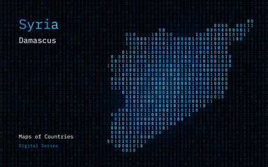 Syria Map Shown in Binary Code Pattern. TSMC. Blue Matrix numbers, zero, one. World Countries Vector Maps. Digital Series