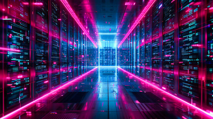 Modern server center for computing and networking, illustrating the infrastructure of digital technology and data storage in a secure environment