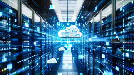 Cloud networking concept with server technology, symbolizing secure digital communication and data storage in a modern and interconnected world
