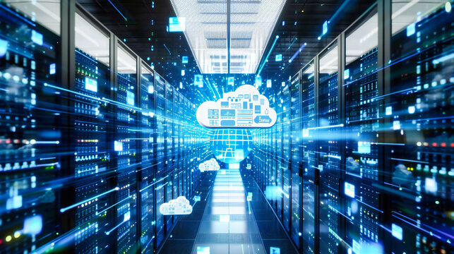 Cloud networking concept with server technology, symbolizing secure digital communication and data storage in a modern and interconnected world