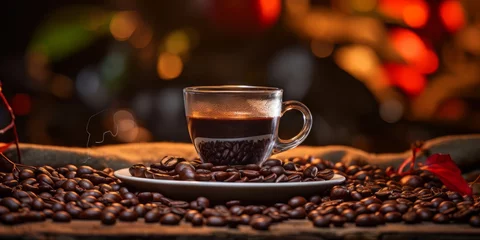 Fotobehang Coffee cup and coffee beans on wooden table with bokeh background © Glory to Ukraine