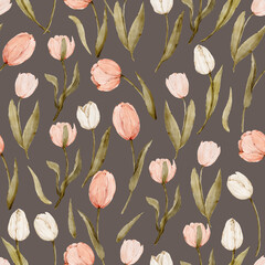 Seamless watercolor pattern with spring tulips - 729173434