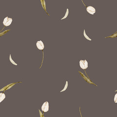 Seamless watercolor pattern with white tulips - 729173439