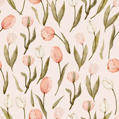 Seamless watercolor pattern with spring tulips - 729173440