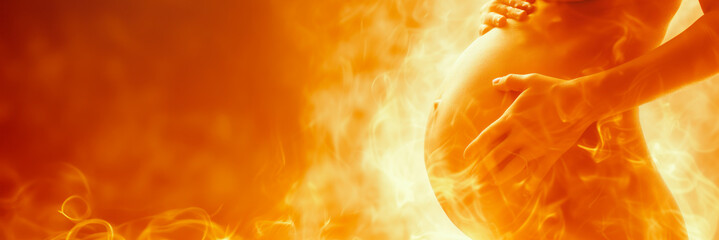 Abstract fiery concept of pregnancy, woman cradling her belly. Banner with copy space.
