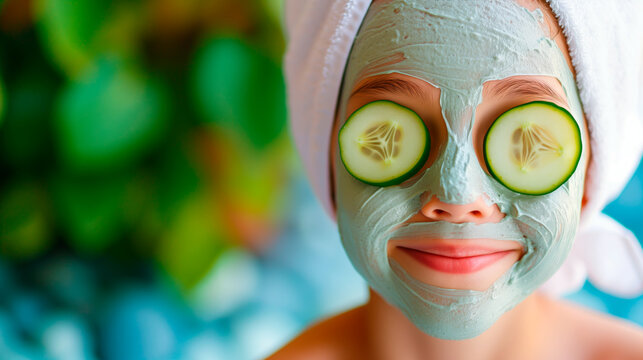 Girl enjoying a spa day at home with facial mask and cucumber slices, a moment of relaxation. - Powered by Adobe