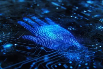 Foto op Plexiglas Fingerprint scanner digital footprint computer security safety tracking transparency biometrics finger scan recognition network security privacy identification id access password protection cybernetic © Yuliia