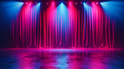 Dramatic stage show with vibrant blue and red spotlights, creating a lively and engaging atmosphere for a concert or theater performance