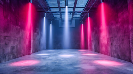 Naklejka premium Modern and futuristic space with abstract lights, showcasing a neon-lit corridor in a contemporary setting with a sense of advanced technology