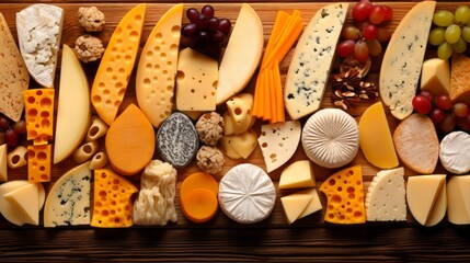 Various types of cheese on wooden table, top view. Food background