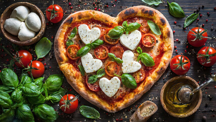 Delicious heart-shaped traditional pizza on a grey slate with tomato slices, basil and heart-shaped mozzarella for Valentine's Day