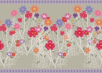 flower garden pattern seamless.Abstract colorful floral in garden field on beige background with frame concept for Modern wallpaper,ornament print,colorful flowers opening, botanical ornament.