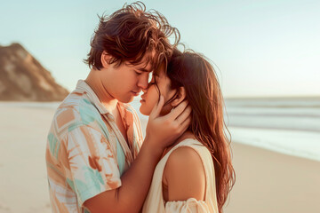 Fototapeta premium Couple's Intimate Moment on Sunlit Sandy Shore