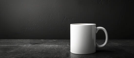 Coffee break advertising concept with white ceramic mug on black background.