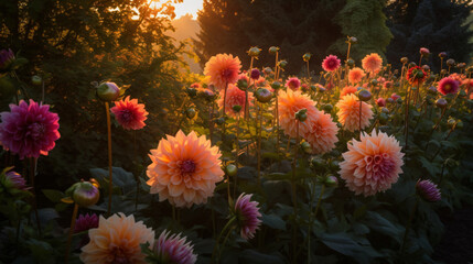Obraz na płótnie Canvas cinematic beauty of a garden filled with carnations during sunset