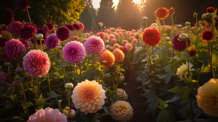 cinematic beauty of a garden filled with carnations during sunset