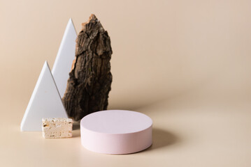 Abstract podium for organic cosmetic products Natural style bark tree podium with green moss on pastel background Still life for the presentation of cosmetic products Horizontal