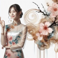 Ethereal Beauty Amidst Blooming plum bossom with Chinese cheongsam girl with Generative AI.