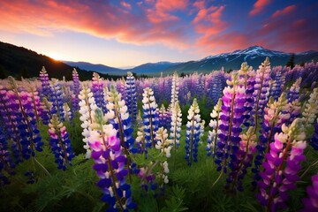 Fototapeta premium : A dense field of lupine flowers in a variety of colors, creating a stunning carpet of blossoms in a mountain meadow.