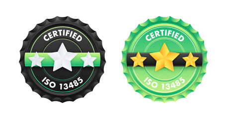 ISO 13485 standard certificate badge. Quality control. International Organization for Standardization. Vector illustration