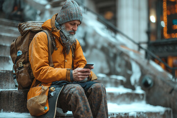 A man with a backpack and a skateboard, using a mobile phone, sits on the stairs on the street - obrazy, fototapety, plakaty