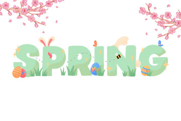Spring word with flowers leafs and butterfly, greeting card