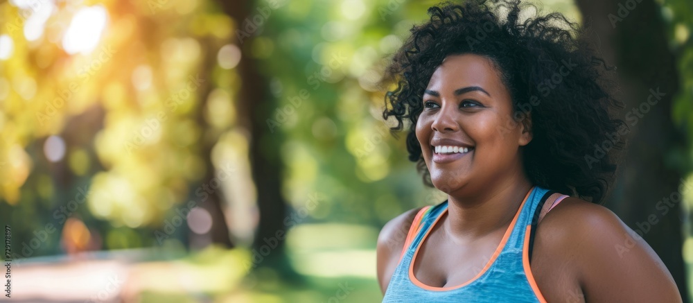 Sticker Curvaceous 40-year-old woman enjoying outdoor exercise in the city park to lose weight and stay fit.