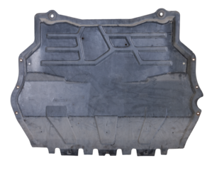 Black plastic engine cover liner on a white isolated background for sale or replacement in a car service. Mudguard on auto-parsing for repair or a device to protect the body from dirt.