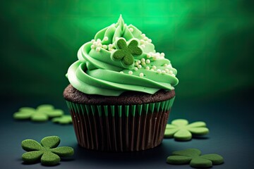 tasty green decorated cupcake on st patricks day