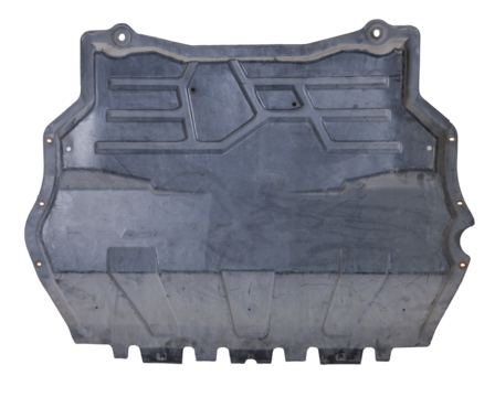 Black plastic engine cover liner on a white isolated background for sale or replacement in a car service. Mudguard on auto-parsing for repair or a device to protect the body from dirt.