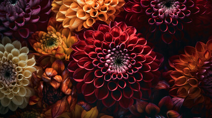 Dahlia blooms in a flower bed from unique perspectives