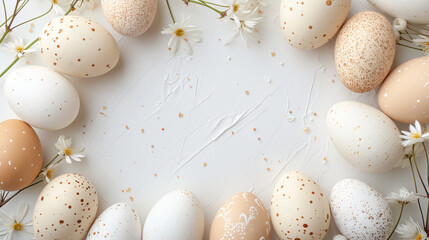 Beige and white easter eggs frame background