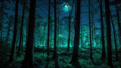 An enchanted forest glowing under a full moon, with trees radiating bioluminescent blues and greens Generative AI