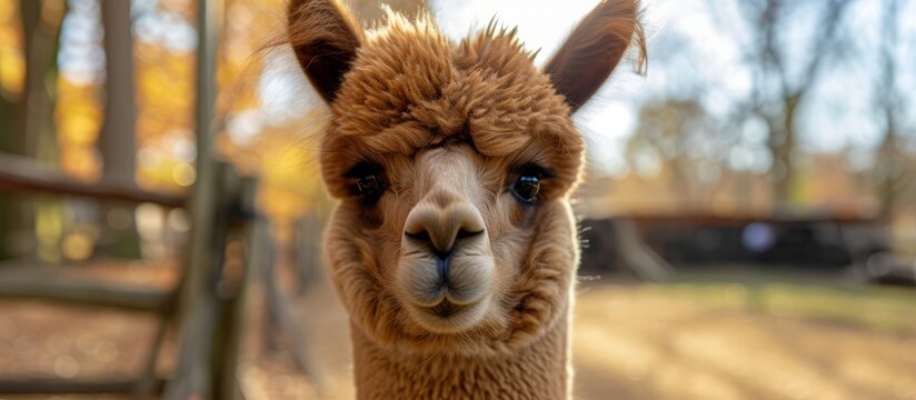 Brown Alpaca's head, close-up, on the farm.