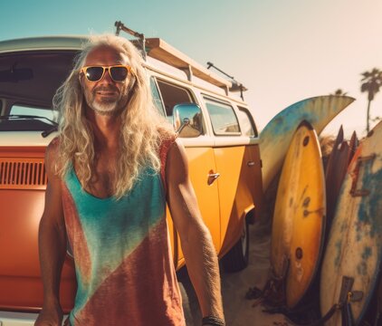 Portrait of senior man standing with surfboard in front of van on beach. Sport concept. Vacation and Travel Concept with Copy Space.