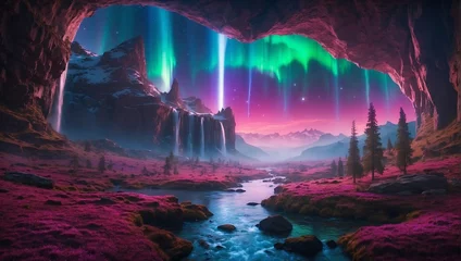 Papier Peint photo autocollant Aubergine A mystical valley with floating islands, waterfalls cascading into the void, under an aurora of vibrant purples and pinks Generative AI