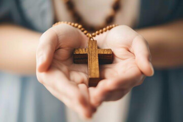 Person Holding Wooden Cross in Hands - obrazy, fototapety, plakaty