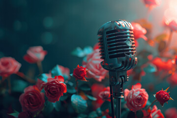 Fototapeta na wymiar Vintage Microphone Surrounded by Red Roses