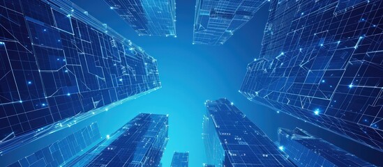 Abstract view skyscrapers with blue glass of polygonal wireframe illustration. AI generated - obrazy, fototapety, plakaty