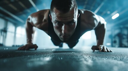 Fototapeta premium Young muscular man doing push-ups in the gym. Crossfit concept.