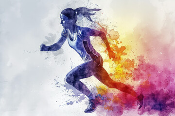Naklejka premium Athletic athlete in action, woman colourful watercolour with copy space