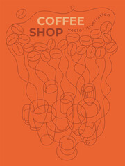 Vector line illustration of cups of coffee. Coffee lovers print design. Coffee shop poster template. Banner concept of coffee cupping flyer tea tasting idea. Imprint label. Linear drawings.