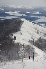 Two hikers on a snowy mountain ridge, beautiful winter landscape with fir trees