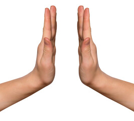 Two hands in a asking gesture isolated on a transparent background, png. Prayer. Praying hands with faith in religion and belief in God. Hands hold an object between them.