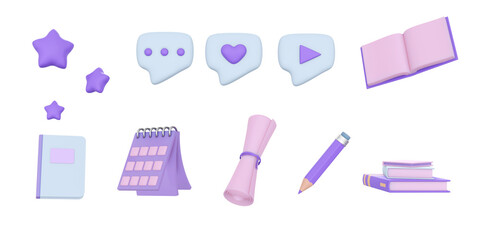 Concept education or business. 3d icon for social media or university and school. Stack of the books, calendar, search, speech smile, stars and mail flying