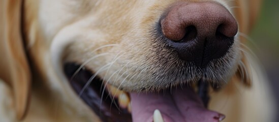 Examining a labrador or golden retriever's mouth reveals yellow tartar buildup, checking their pet dental health.